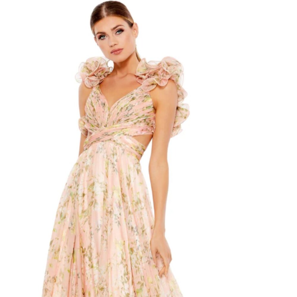 MAC DUGGAL RUFFLE TIERED FLORAL CUT-OUT CHIFFON GOWN SIZE 10
